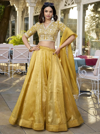 Beautiful Yellow Thread Work Organza Haldi Wear Lehenga Choli - Ethnic Plus In